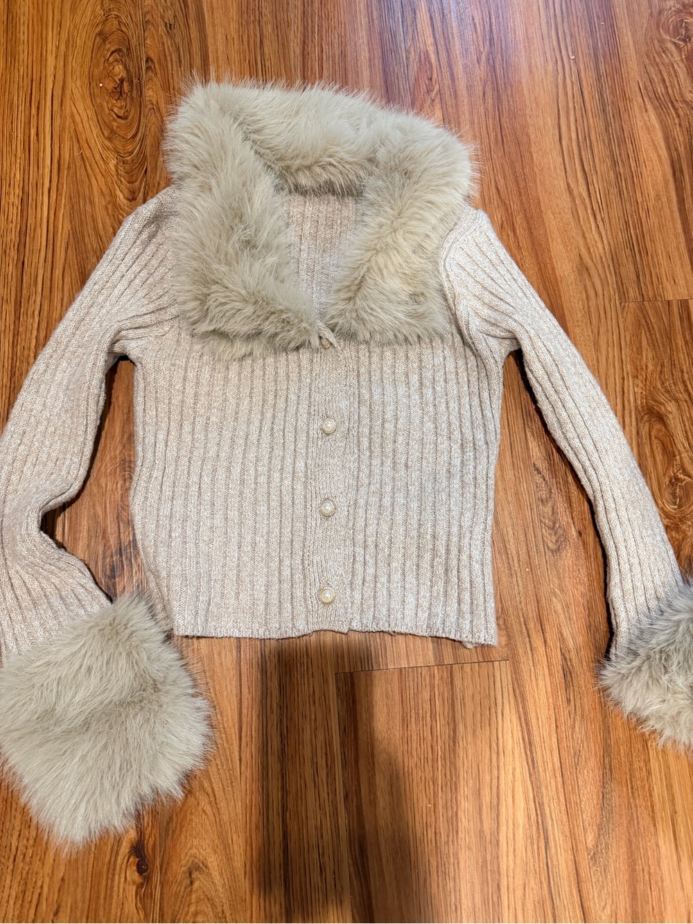 Faux Fur Trim Cream Ribbed Button-Front Women's Sweater